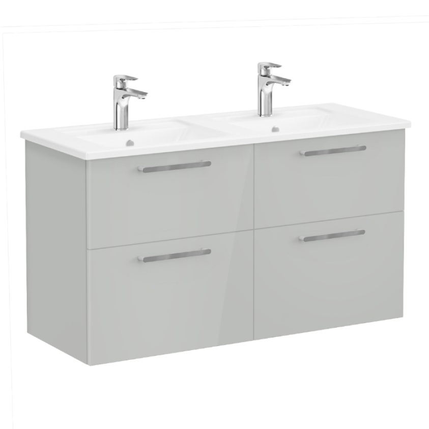 Product Cut out image of VitrA Root Flat Pearl Grey Double Washbasin Drawers Unit 67993 with chrome handles